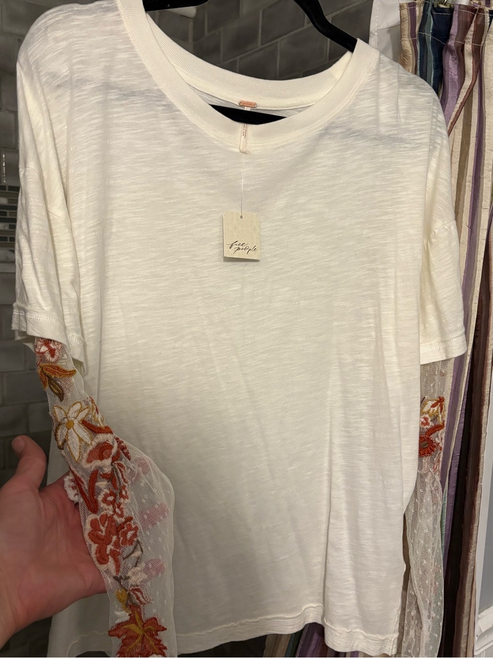 Free People White Short-Sleeve Tee with Embroidered Sheer Floral Sleeves